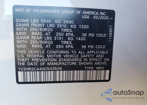 2025 Volkswagen Atlas Se from USA, damaged, VIN 1V2HR2CA4SC543506